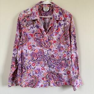 Talbots Stretch Button Front Shirt Floral Paisley Button Front Long Sleeve LARGE